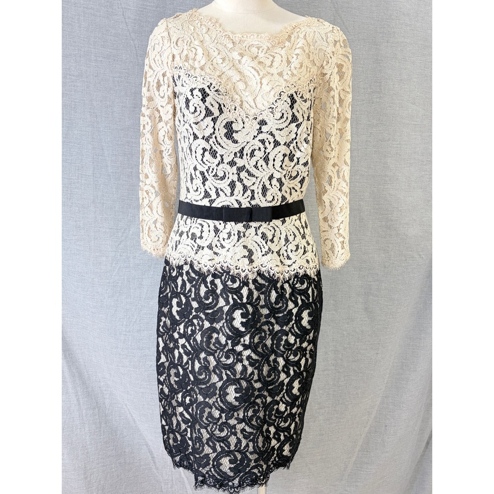 Tadashi Shoji Petite Cream Black Lace Overlay 3/4 Sleeve‎ Dress 12P